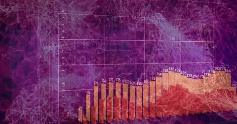 Displaying 3D bar chart cluster rising center-right in digital art, with labels, Stock Illustration