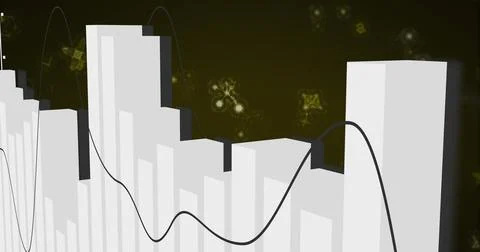 Displaying 3D bar chart columns in dark digital space, with black trend line and Stockillustratie