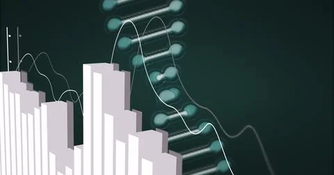Displaying 3D bar chart columns rising at left in digital infographic, with D Stock Illustration