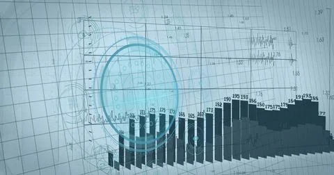 Displaying 3D bar chart columns on data dashboard grid with numeric labels and Foto stock