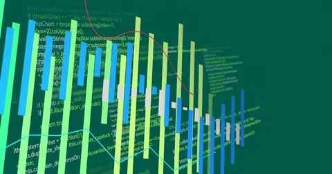 Displaying 3D bar chart on digital dashboard, showing green blue bars, code Stock Photos