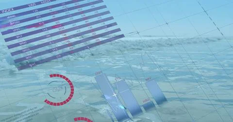 Displaying 3D bar chart floating on sea, with financial index table, gauges, 스톡 사진
