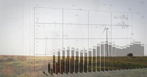 Displaying 3D bar chart with grid rising over rural grassland, with wind 스톡 사진
