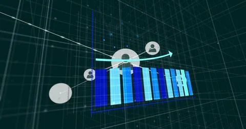 Displaying 3D bar chart with linked avatar icons rising in virtual dashboard, Stock Photos