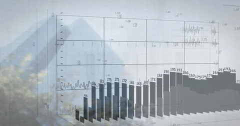 Displaying 3D bar chart with numeric labels and line plots on translucent Fotos de archivo