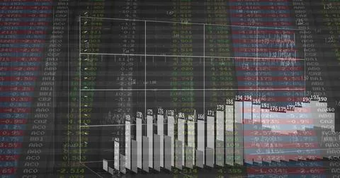 Displaying 3D bar chart rising on wireframe grid in virtual dashboard, with Stock Illustration