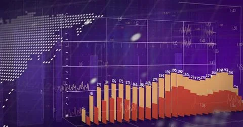 Displaying 3D bar chart rising across purple grid plane, with numeric labels and Stock Photos