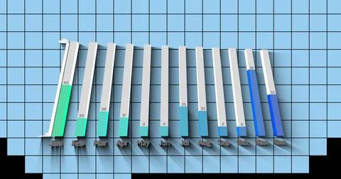 Displaying 3D bar chart rising from black base on blue grid, with month and Stock Photos