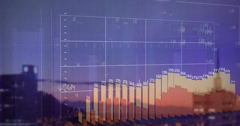 Displaying 3D bar chart rising over urban skyline at dusk, with grid overlay and Stock Photos