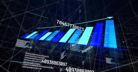 Displaying 3D bar chart rising across virtual grid network, with floating Stock Photos