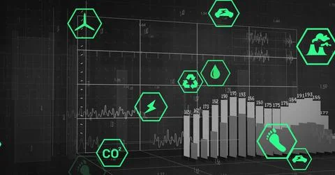 Displaying 3D bar chart rising on dashboard with numeric labels, waveform Foto stock