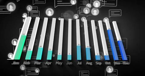Displaying 3D bar chart showing monthly data on dark backdrop, with chat bubb Stock Illustration