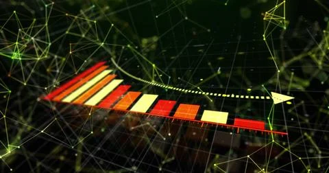 Displaying 3D bar chart showing gradient bars, curved arrow in data network with Stock Photos