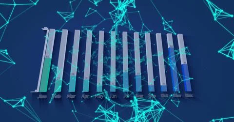 Displaying 3D bar chart showing values Jan to Dec on blue plane, with turquoise 스톡 사진