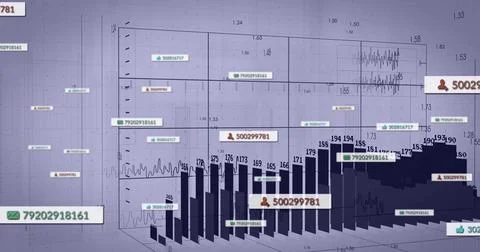 Displaying 3D bar chart visualizing data in virtual dashboard, with grid axes Illustrazione stock
