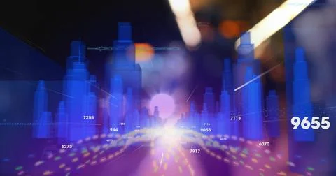 Displaying 3D bar columns pulsing in data landscape, with purple orb and 库存插图