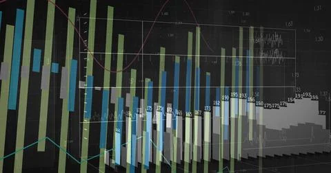 Displaying 3D bars and line graphs on dark dashboard, showing red and teal Stock Illustration