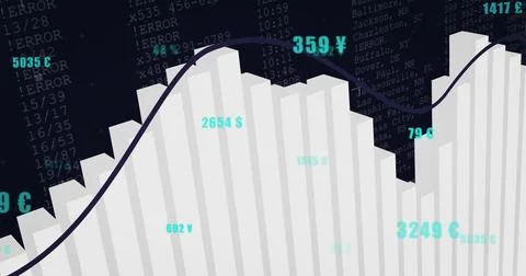 Displaying 3D bars tracing line graph with floating currency symbols over Stock Photos