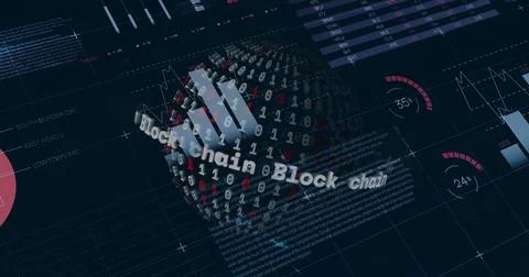 Displaying 3D binary digit sphere floating over blockchain dashboard, with 스톡 일러스트