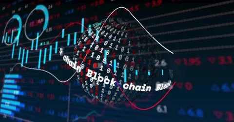 Displaying 3D binary-digit sphere on dashboard, with Block chain text, trend Illustrazione stock