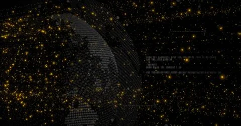Displaying 3D binary globe rotating in data space, with golden sparks and code イラスト素材