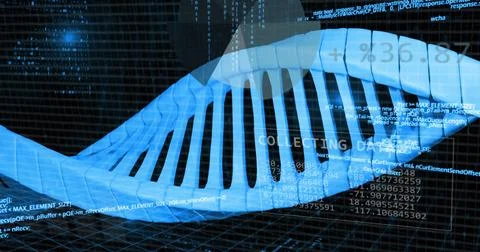 Displaying 3D blue DNA helix glowing and streaming code across virtual lab grid, Stockillustratie