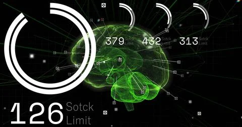 Displaying 3D brain hologram in data interface, linking nodes with charts, 写真素材