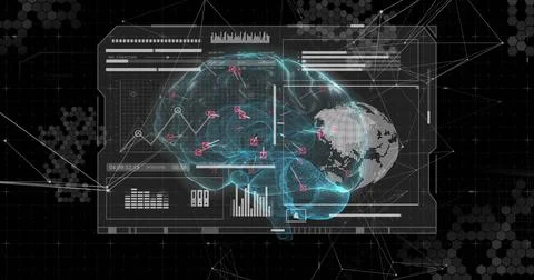 Displaying 3D brain wireframe pulsing with cyan pathways in virtual dashboard, Ilustração Stock