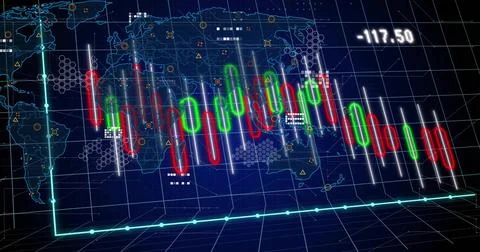 Displaying 3D candlestick bars floating over perspective grid, showing cyan axis Stock Illustration