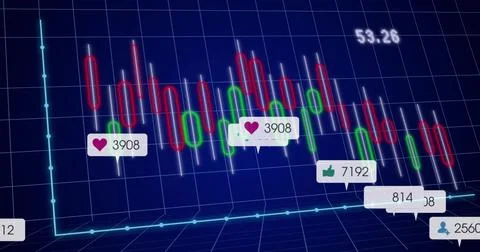 Displaying 3D candlestick chart showing red green bars in finance dashboard, Stock Illustration