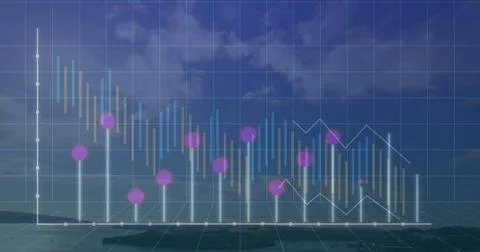 Displaying 3D chart floating above grid under cloudy sky, with candlesticks, Foto stock