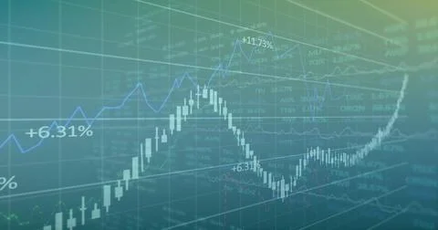Displaying 3D chart illustrating candlestick bars, line graphs on platform, with Stock Illustration