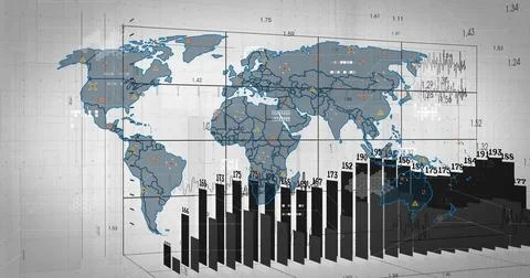 Displaying 3D chart overlaying world map with bar charts on perspective grid, 스톡 일러스트