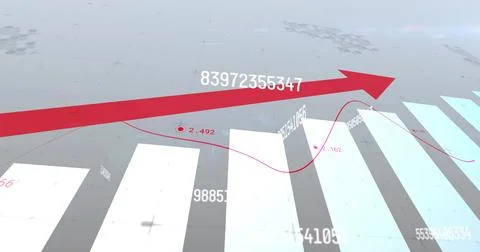 Displaying 3D chart rising across gray grid plane, with thick red arrow, red Stock Illustration