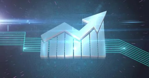 Displaying 3D chart rising under arrow in interface, with neon lines, circuit Illustrazione stock