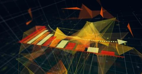 Displaying 3D chart with vertical bars, yellow-orange surfaces and dotted arrow Stock Photos