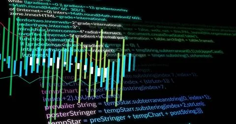 Displaying 3D color-coded bars and monospaced code hovering on dark monitor, イラスト素材