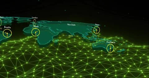 Displaying 3D continent map plates in geo interface, showing neon green mesh, Ilustração Stock