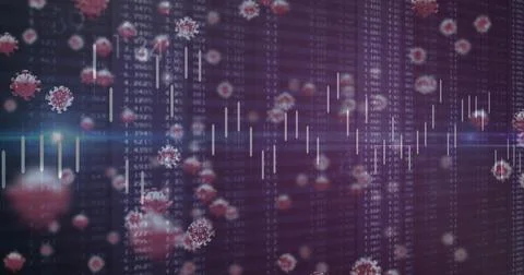Displaying 3D coronavirus icons on display, with financial data percentages, 스톡 일러스트