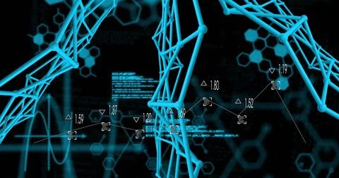 Displaying 3D cyan wireframe mesh pulsing with numeric annotations in digital Stock Photos