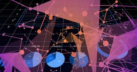 Displaying 3D dashboard on dark grid with perspective, network nodes, blue pie Stock Illustration