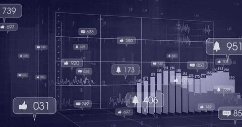 Displaying 3D dashboard forming cube grid in space, with bar chart columns and Stock Illustration