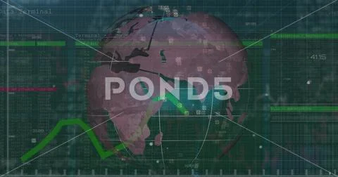 Displaying 3D data globe on dashboard with network lines over code grid and Ilustração Stock