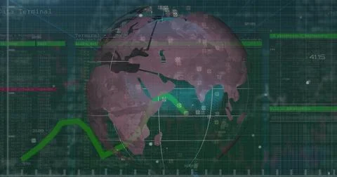Displaying 3D data globe on dashboard with network lines over code grid and Stock Illustration