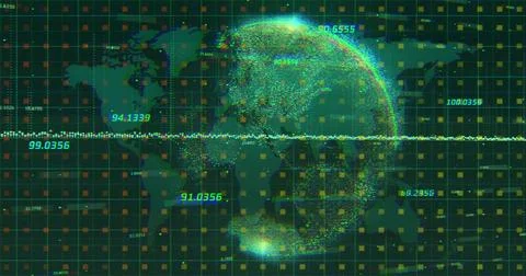 Displaying 3D data globe formed by clusters in dashboard, grid overlay, waveform Stock Illustration