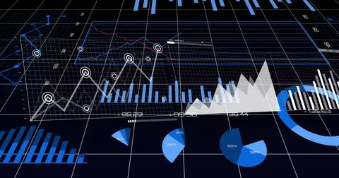 Displaying 3D data visual on dark grid plane, showing circled line points, bars, 스톡 일러스트