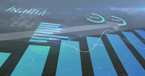 Displaying 3D data visualization in CGI studio, blue bars with white trend line, Stock Footage 330577722