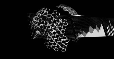 Displaying 3D data-visualization sphere rotating on black canvas, showing 스톡 사진