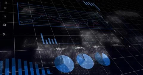 Displaying 3D data visuals across dark grid, showing line panel, pie charts, Illustrazione stock