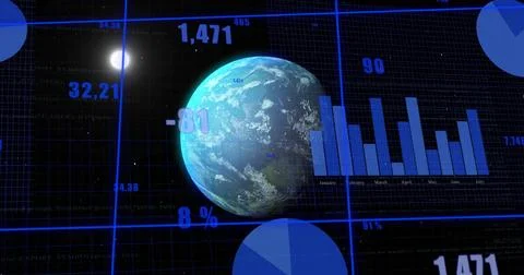 Displaying 3D digital globe glowing on interface, with vertical bar chart and Stock Illustration